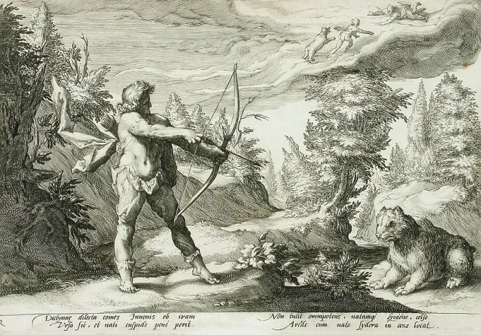 Framed Print : Arcas Preparing to Kill his Mother, Changed into a Bear, published 1590. Creator: Hendrik Goltzius Framed Print : Arcas Preparing to Kill his Mother, Changed into a Bear, published 1590. Creator: Hendrik Goltzius