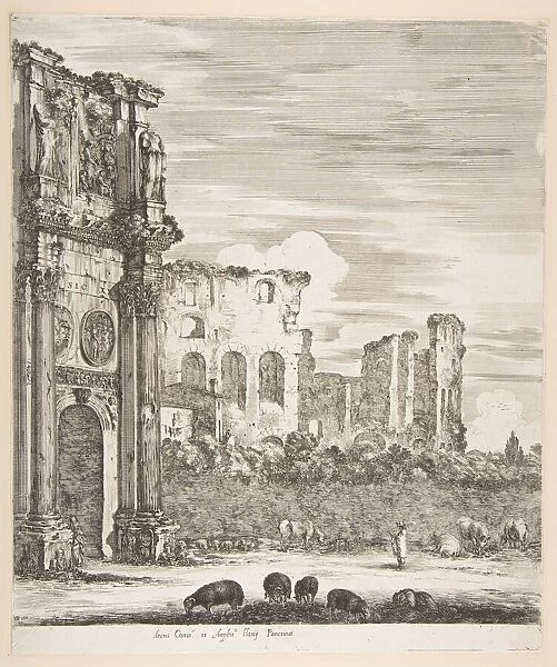 Arch of Constantine and Colosseum with sheep grazing in foreground, from Six large views