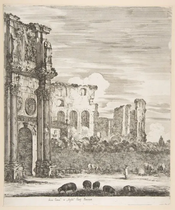 Framed Print : Arch of Constantine and Colosseum with sheep grazing in foreground, from Six large views Framed Print : Arch of Constantine and Colosseum with sheep grazing in foreground, from Six large views
