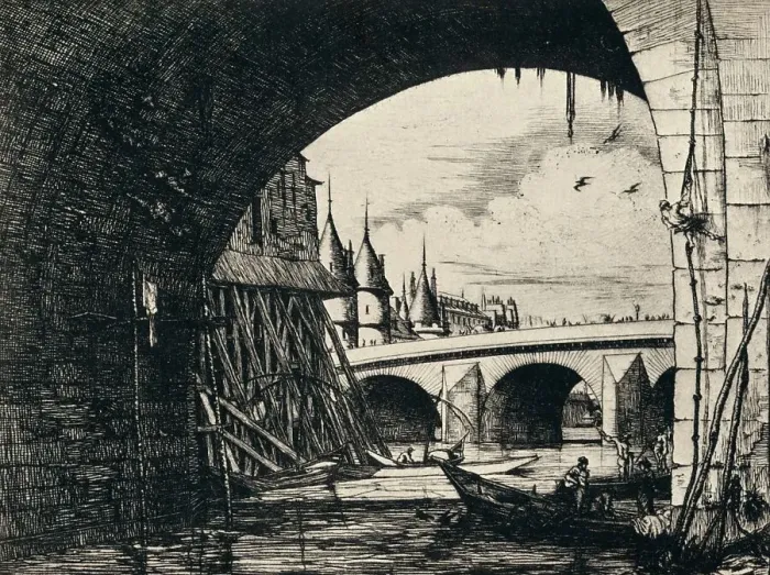 Framed Print : Arch of the Pont Notre-Dame, 1915. Artist: CH Meryon Framed Print : Arch of the Pont Notre-Dame, 1915. Artist: CH Meryon
