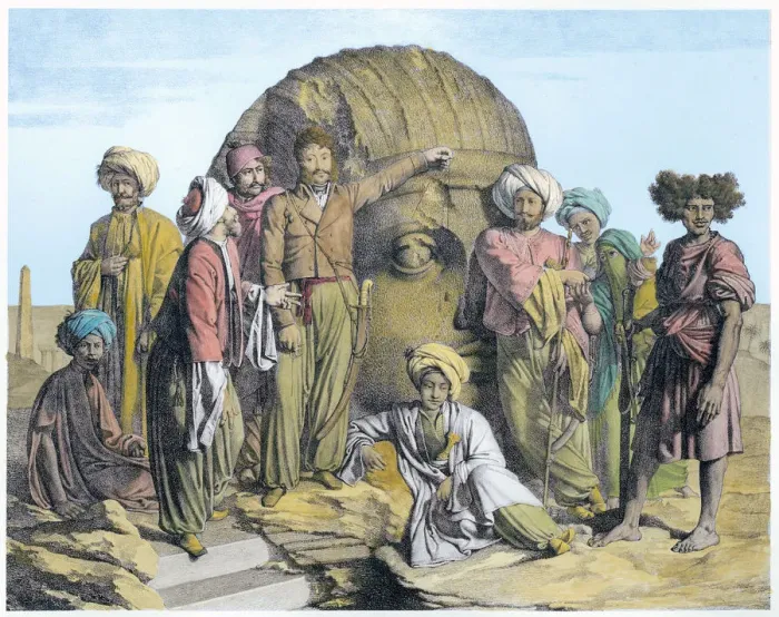 Framed Print : Archaeologist Bernardino Drovetti measuring a colossal head in the Egyptian desert, 1819 Framed Print : Archaeologist Bernardino Drovetti measuring a colossal head in the Egyptian desert, 1819