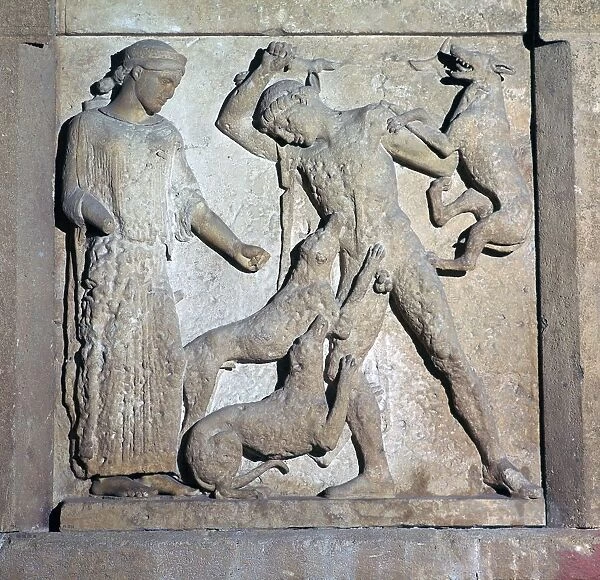 Archaic metope showing Actaeon and Artemis, 5th century BC