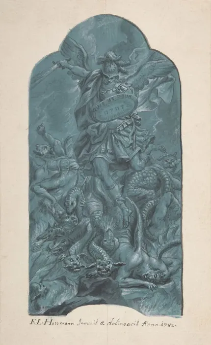 Framed Print : The Archangel Michael Banishing Vice, 1782. Creator: Franz Ludwig Hermann Framed Print : The Archangel Michael Banishing Vice, 1782. Creator: Franz Ludwig Hermann