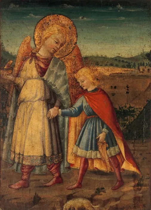 Framed Print : The Archangel Raphael and Tobias, early to mid-1460s. Creator: Workshop of Neri di Bicci (Italian Framed Print : The Archangel Raphael and Tobias, early to mid-1460s. Creator: Workshop of Neri di Bicci (Italian
