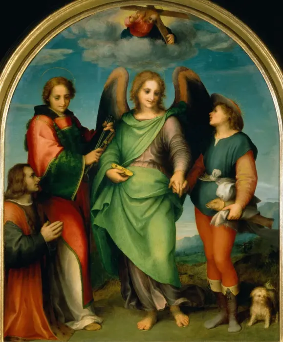 Framed Print : The Archangel Raphael with Tobias, St Lawrence and the Donor, Leonardo di Lorenzo Morelli, 1512. Artist: Andrea del Sarto (1486-1531) Framed Print : The Archangel Raphael with Tobias, St Lawrence and the Donor, Leonardo di Lorenzo Morelli, 1512. Artist: Andrea del Sarto (1486-1531)