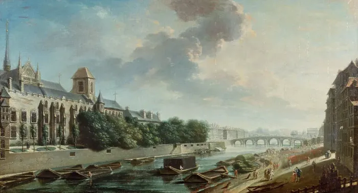 Framed Print : Archbishop's Palace, view from the left bank, 1756. Creator: Nicolas Raguenet Framed Print : Archbishop's Palace, view from the left bank, 1756. Creator: Nicolas Raguenet