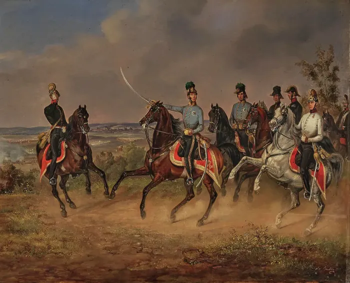 Framed Print : Archduke Albrecht of Austria, Duke of Teschen (1817-1895) with his officers during maneuvers, 1845. Creator: Ebersberg, Carl Martin (1818-1880) Framed Print : Archduke Albrecht of Austria, Duke of Teschen (1817-1895) with his officers during maneuvers, 1845. Creator: Ebersberg, Carl Martin (1818-1880)