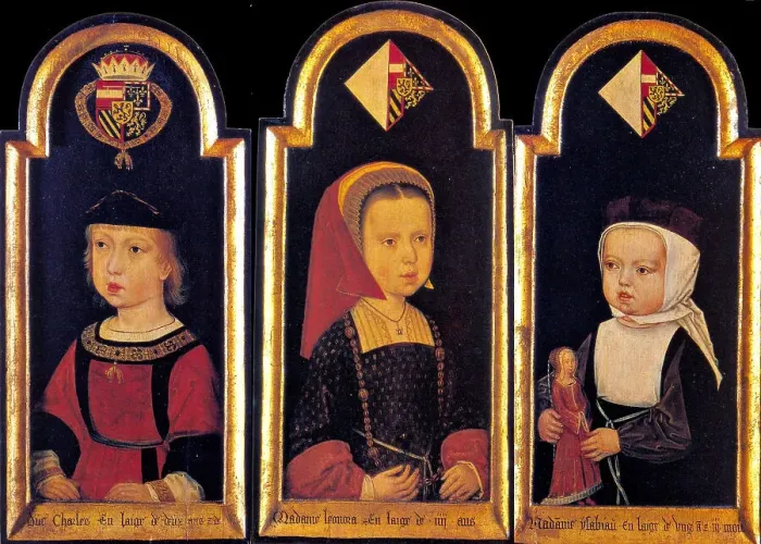 Framed Print : Archduke Charles, the later Holy Roman Emperor Charles V. with his sisters Eleanor and Isabella at the age of 2 years, 1502. Artist: Master of St. Georgsgilde (active ca 1500) Framed Print : Archduke Charles, the later Holy Roman Emperor Charles V. with his sisters Eleanor and Isabella at the age of 2 years, 1502. Artist: Master of St. Georgsgilde (active ca 1500)