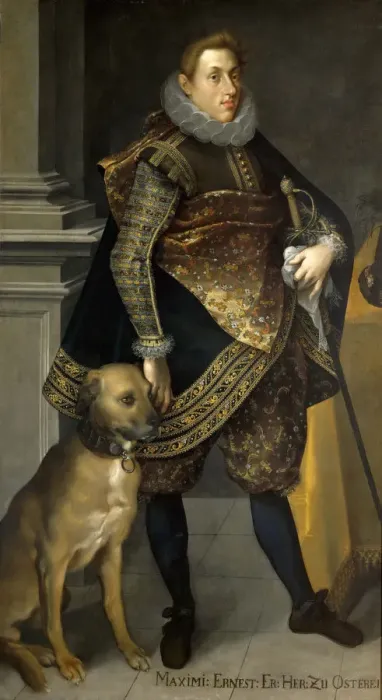 Framed Print : Archduke Maximilian Ernest of Austria (1583-1616) with a hunting dog, 1604. Artist: Heintz, Joseph, the Elder (1564-1609) Framed Print : Archduke Maximilian Ernest of Austria (1583-1616) with a hunting dog, 1604. Artist: Heintz, Joseph, the Elder (1564-1609)