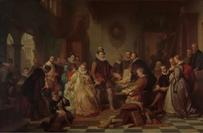 Framed Print : The Archdukes Albert and Isabella Visit the Printer Plantin, c1600s, (c1860s.) Creator: Nicaise de Keyser Framed Print : The Archdukes Albert and Isabella Visit the Printer Plantin, c1600s, (c1860s.) Creator: Nicaise de Keyser