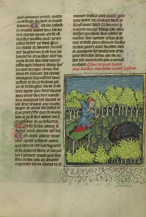 Framed Print : An Archer on a Platform Shooting at a Wallowing Wild Boar; Livre de la Chasse, about 1430-1440. Creator: Unknown Framed Print : An Archer on a Platform Shooting at a Wallowing Wild Boar; Livre de la Chasse, about 1430-1440. Creator: Unknown