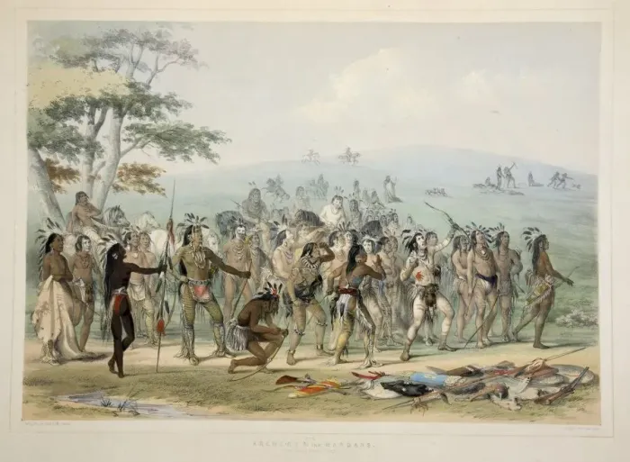 Framed Print : Archery of the Mandans, pub. 1845 (colour lithograph). Creator: George Catlin (1796 - 1872) Framed Print : Archery of the Mandans, pub. 1845 (colour lithograph). Creator: George Catlin (1796 - 1872)