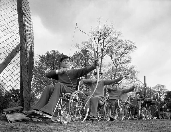 Archery practice at the CISWO paraplegic centre, Pontefract, West Yorkshire, 1960