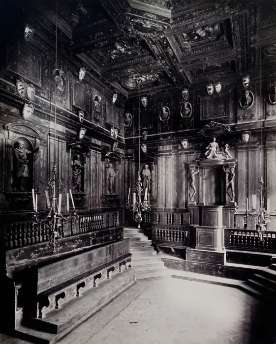 Framed Print : Archiginnasio, Bologna: the anatomy theatre, 19th century. Creator: Fotografia dell'Emilia. Archiginnasio, Bologna: the anatomy theatre, 19th century Framed Print : Archiginnasio, Bologna: the anatomy theatre, 19th century. Creator: Fotografia dell'Emilia. Archiginnasio, Bologna: the anatomy theatre, 19th century
