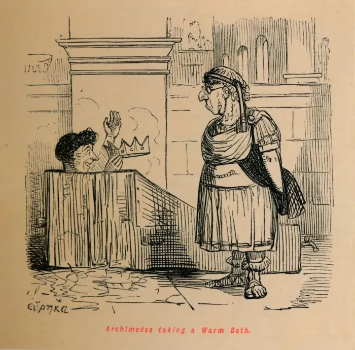 Framed Print : Archimedes taking a Warm Bath, 1852. Artist: John Leech Framed Print : Archimedes taking a Warm Bath, 1852. Artist: John Leech