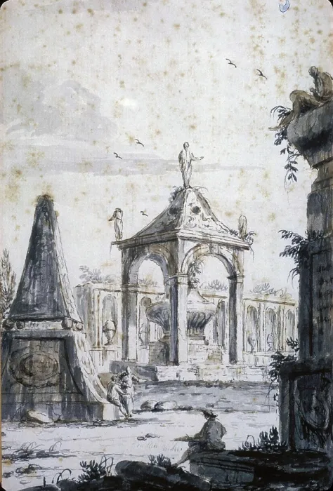 Framed Print : Architectural Capriccio of an Antique Cemetery with Three Tombs, between 1767 and 1772. Creator: Giovanni Francesco Costa Framed Print : Architectural Capriccio of an Antique Cemetery with Three Tombs, between 1767 and 1772. Creator: Giovanni Francesco Costa