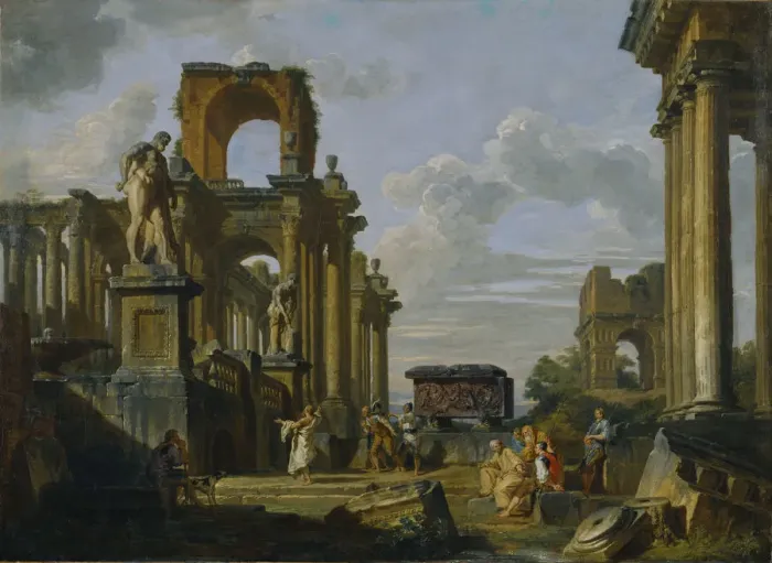 Framed Print : Architectural Capriccio of the Roman Forum with Philosophers and Soldiers among Ancient Ruins. Artist: Panini, Giovanni Paolo (1691-1765) Framed Print : Architectural Capriccio of the Roman Forum with Philosophers and Soldiers among Ancient Ruins. Artist: Panini, Giovanni Paolo (1691-1765)