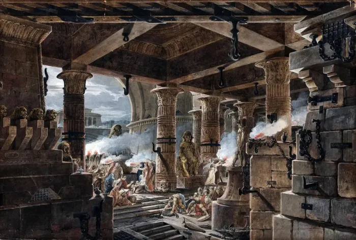 Framed Print : Architectural Fantasy - interior view of an Egyptian temple, 1803. Artist: Thomas de Thomon, Jean Francois (1754-1813) Framed Print : Architectural Fantasy - interior view of an Egyptian temple, 1803. Artist: Thomas de Thomon, Jean Francois (1754-1813)