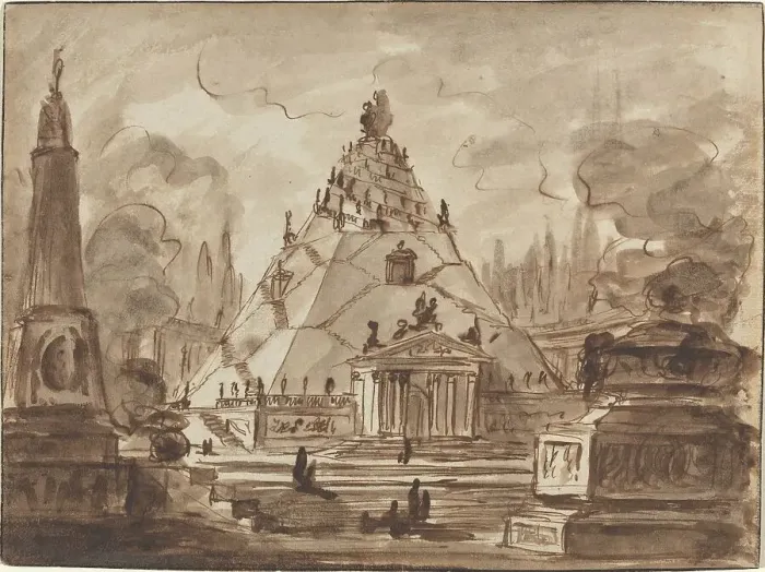 Framed Print : Architectural Fantasy with a Pyramidal Mausoleum, c. 1747. Creator: Charles Michel-Ange Challe Framed Print : Architectural Fantasy with a Pyramidal Mausoleum, c. 1747. Creator: Charles Michel-Ange Challe