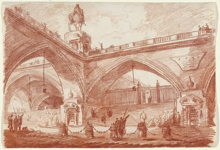 Framed Print : Architectural Fantasy with a Triumphal Bridge, c. 1760. Creator: Hubert Robert Framed Print : Architectural Fantasy with a Triumphal Bridge, c. 1760. Creator: Hubert Robert