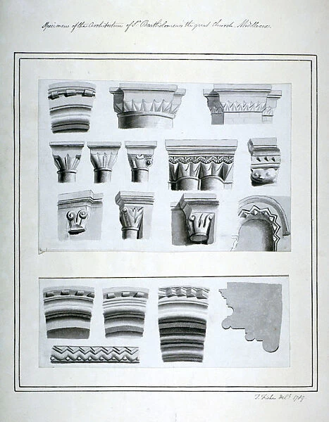 Architectural features in the Church of St Bartholomew-the-Great, Smithfield, City of London, 1789
