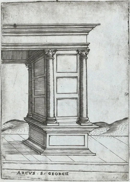 Framed Print : Arcus in Provincia, from a Series of Prints depicting (reconstructed) Build... Plate ca. 1530-1550. Creator: Master GA Framed Print : Arcus in Provincia, from a Series of Prints depicting (reconstructed) Build... Plate ca. 1530-1550. Creator: Master GA