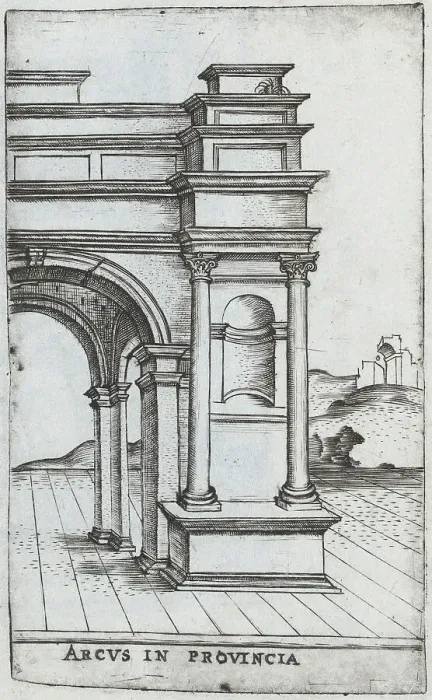 Framed Print : Arcus S. Georgii, from a Series of Prints depicting (reconstructed) Buildin... Plate ca. 1530-1550. Creator: Master GA Framed Print : Arcus S. Georgii, from a Series of Prints depicting (reconstructed) Buildin... Plate ca. 1530-1550. Creator: Master GA