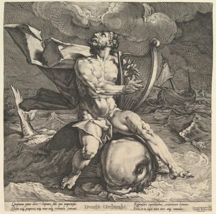 Framed Print : Arion on a Dolphin, ca. 1599. Creators: Cornelis Cornelisz van Haarlem, Jan Muller Framed Print : Arion on a Dolphin, ca. 1599. Creators: Cornelis Cornelisz van Haarlem, Jan Muller