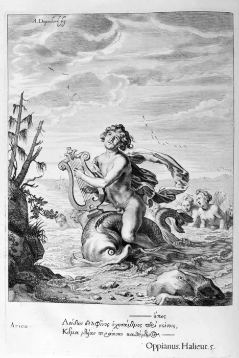 Framed Print : Arion saved by a dolphin, 1655. Artist: Michel de Marolles Framed Print : Arion saved by a dolphin, 1655. Artist: Michel de Marolles