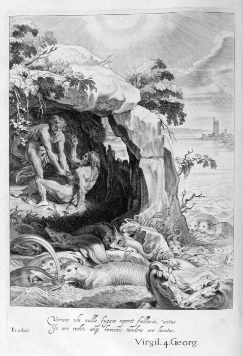 Framed Print : Aristeus Compels Proteus to Reveal his Oracles, 1655. Artist: Michel de Marolles Framed Print : Aristeus Compels Proteus to Reveal his Oracles, 1655. Artist: Michel de Marolles