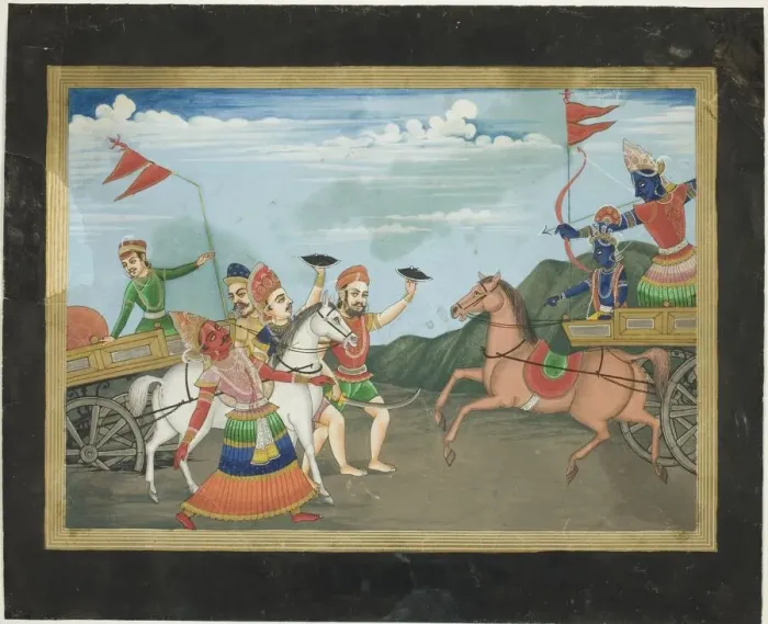 Framed Print : Arjuna Slays Karna, Page from a Mahabharata Series, c. 19th century. Creator: Unknown Framed Print : Arjuna Slays Karna, Page from a Mahabharata Series, c. 19th century. Creator: Unknown