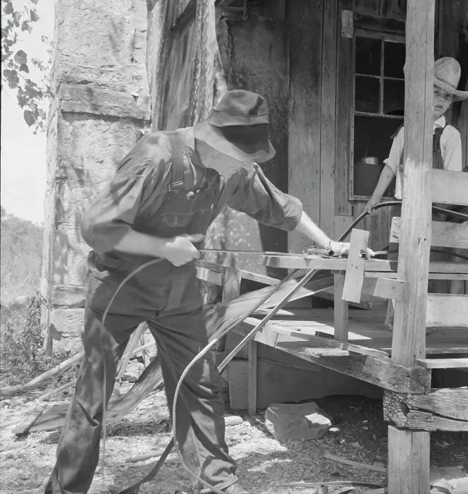 Framed Print : In Arkansas Hills (Ozarks) near Seligman, Missouri, splitting hickory for chair-bottoms, 1938. Creator: Dorothea Lange Framed Print : In Arkansas Hills (Ozarks) near Seligman, Missouri, splitting hickory for chair-bottoms, 1938. Creator: Dorothea Lange