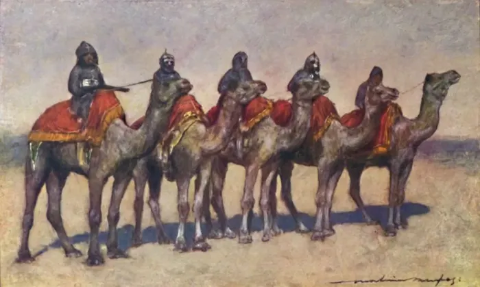 Framed Print : Armed Camel Riders from Bikanir, 1903. Artist: Mortimer L Menpes Framed Print : Armed Camel Riders from Bikanir, 1903. Artist: Mortimer L Menpes