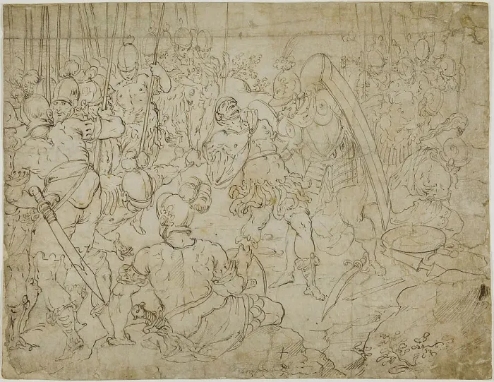 Framed Print : Armed Soldiers After Battle, c.1600. Creator: Unknown Framed Print : Armed Soldiers After Battle, c.1600. Creator: Unknown