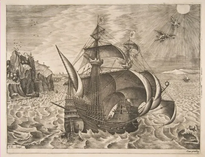 Framed Print : Armed Three-master with Daedalus and Icarus in the Sky from The Sailing Vessels, 1561-65 Framed Print : Armed Three-master with Daedalus and Icarus in the Sky from The Sailing Vessels, 1561-65