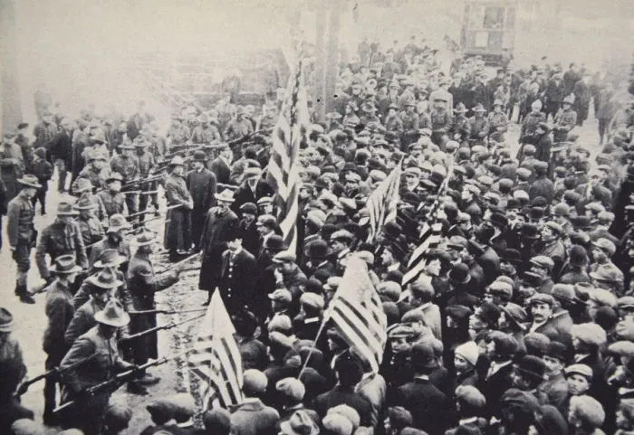 Framed Print : Armed troops confronting protesters during an industrial dispute, USA, 1912. Artist Framed Print : Armed troops confronting protesters during an industrial dispute, USA, 1912. Artist