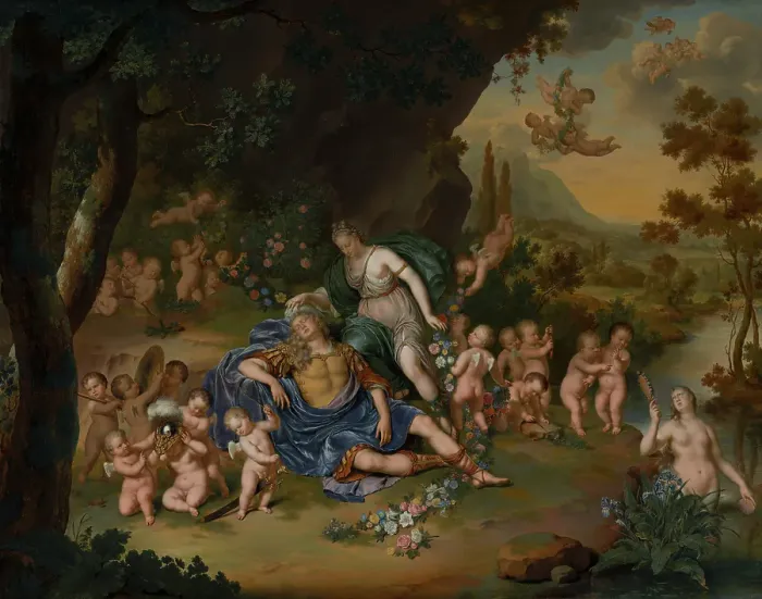 Framed Print : Armida Binding the Sleeping Rinaldo with Flowers, c1680-1740. Creator: Willem van Mieris Framed Print : Armida Binding the Sleeping Rinaldo with Flowers, c1680-1740. Creator: Willem van Mieris