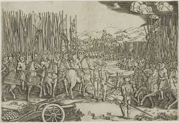 Framed Print : The Two Armies at the Battle of Ravenna, 1512, c.1512, printed 1530. Creator: Master with the Mousetrap Framed Print : The Two Armies at the Battle of Ravenna, 1512, c.1512, printed 1530. Creator: Master with the Mousetrap