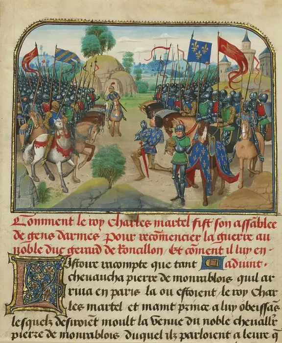 Framed Print : The Armies of France and Burgundy with Martel in Prayer, written 1463-1465; illuminated 1467-1472. Creators: Loyset Liedet, Pol Fruit Framed Print : The Armies of France and Burgundy with Martel in Prayer, written 1463-1465; illuminated 1467-1472. Creators: Loyset Liedet, Pol Fruit