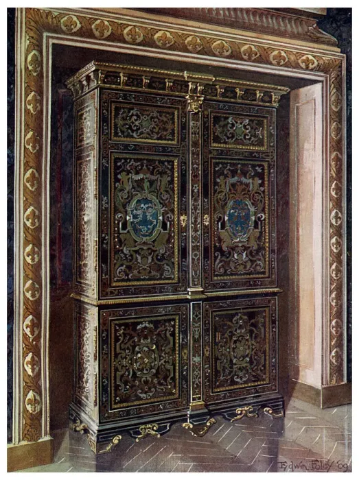 Framed Print : Armoire in ebony with inlays of engraved brass and white metal, 1910. Artist: Edwin Foley Framed Print : Armoire in ebony with inlays of engraved brass and white metal, 1910. Artist: Edwin Foley