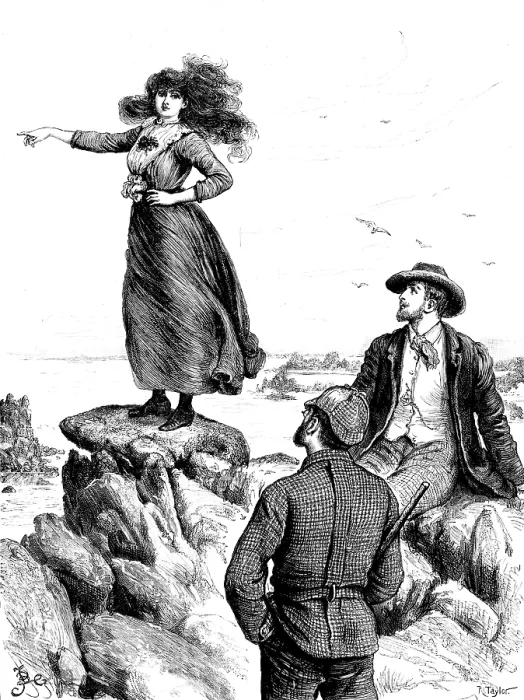 Framed Print : Armorel climbed lightly up the carn and stood upon the highest boulder!, 1890. Creator: R. Taylor Framed Print : Armorel climbed lightly up the carn and stood upon the highest boulder!, 1890. Creator: R. Taylor