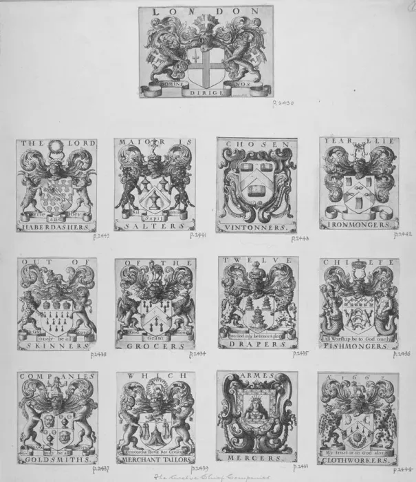 Framed Print : Arms of the twelve chief City Livery Companies surmounted by the arms of the City of London, 1667 Framed Print : Arms of the twelve chief City Livery Companies surmounted by the arms of the City of London, 1667