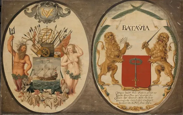 Framed Print : The Arms of the Dutch East India Company and of the Town of Batavia, 1651. Creator: Jeronimus Becx II Framed Print : The Arms of the Dutch East India Company and of the Town of Batavia, 1651. Creator: Jeronimus Becx II