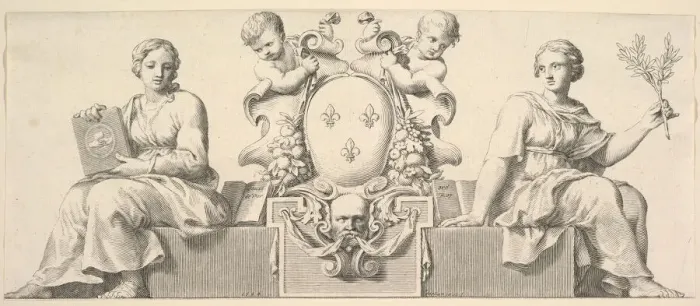 Framed Print : The Arms of France Accompanied by Personifications of Law and Good Faith, 1664 Framed Print : The Arms of France Accompanied by Personifications of Law and Good Faith, 1664