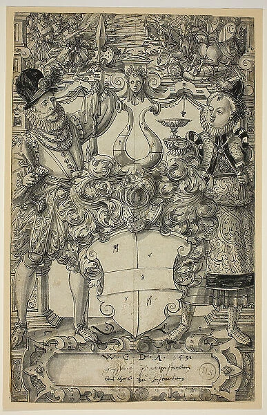 The Arms of Habsberg Flanked by an Elegant Couple, 1587. Creator: Daniel Lindtmayer