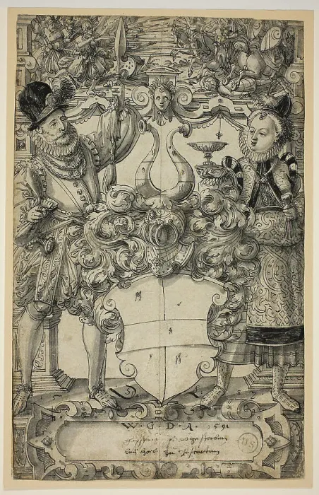 Framed Print : The Arms of Habsberg Flanked by an Elegant Couple, 1587. Creator: Daniel Lindtmayer Framed Print : The Arms of Habsberg Flanked by an Elegant Couple, 1587. Creator: Daniel Lindtmayer