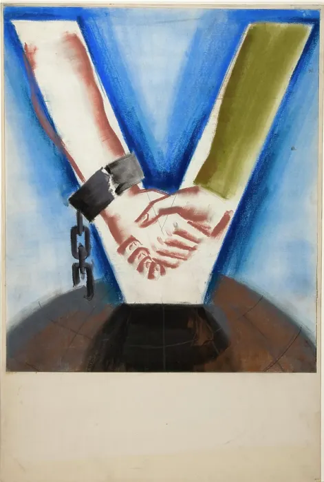 Framed Print : Arms with hands clasped, the arms forming a V-shape, superimposed on globe, between 1939 and 1946. Creators: Unknown, Central Office of Information Framed Print : Arms with hands clasped, the arms forming a V-shape, superimposed on globe, between 1939 and 1946. Creators: Unknown, Central Office of Information