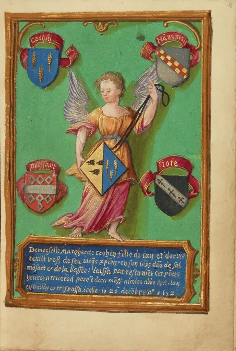 Framed Print : Arms of Marguerite Crohin; Crohin-La Fontaine Hours, about 1480-1485 ?. Creator: Unknown Framed Print : Arms of Marguerite Crohin; Crohin-La Fontaine Hours, about 1480-1485 ?. Creator: Unknown