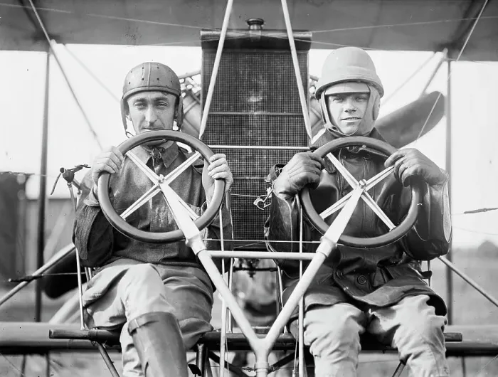 Framed Print : Army Aviation, College Park Aviation Field, 2nd Season - Lt. H. Geiger, Lt. T. Dew. Milling, 1912. Creator: Harris & Ewing. Army Aviation, College Park Aviation Field, 2nd Season - Lt. H. Geiger, Lt. T. Dew. Milling, 1912