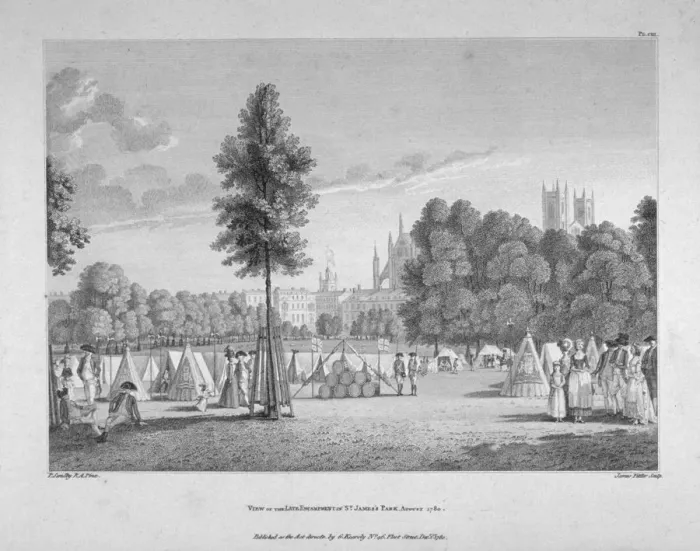 Framed Print : Army encampment in St Jamess Park, Westminster, London, 1780 Framed Print : Army encampment in St Jamess Park, Westminster, London, 1780
